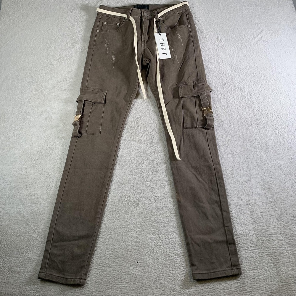 THRT Jeans Mens 30x32 Green Skinny Slim‎ Cargo Strap Denim Pants Distressed NEW